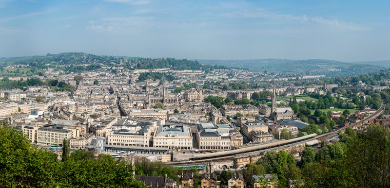 Panoramic view across Bath, Somerset, and the hills beyond
